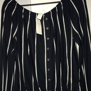 off the shoulder navy and white striped shirt